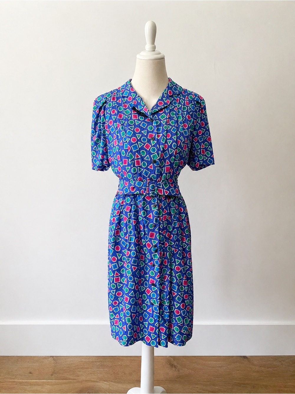 Vintage 80s Papéll Boutique Blue, Pink, Green Geometric Midi Dress size ~XL